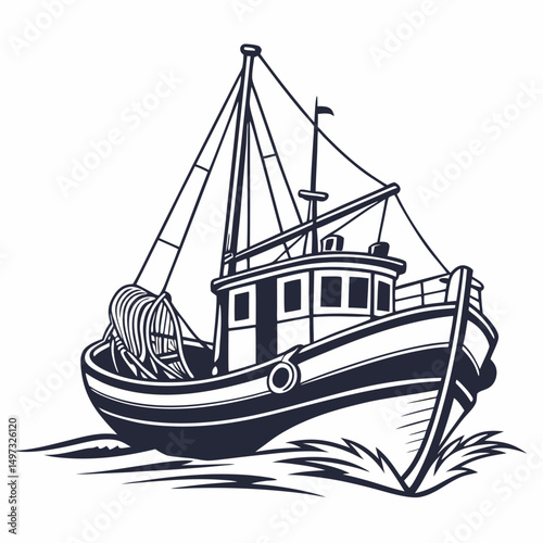 Nautical illustration of a fishing boat in a retro style with clean lines and high contrast suitable for various design projects.