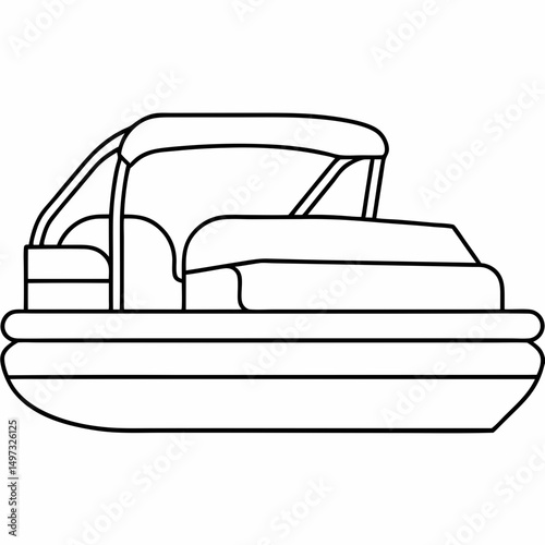 Modern pontoon boat illustration with canopy and seats outline design on a white background perfect for summer recreation themes