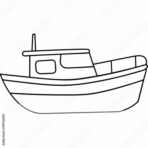Outline illustration of a fishing boat in black lines with transparent background vector artwork ready for diverse design applications.