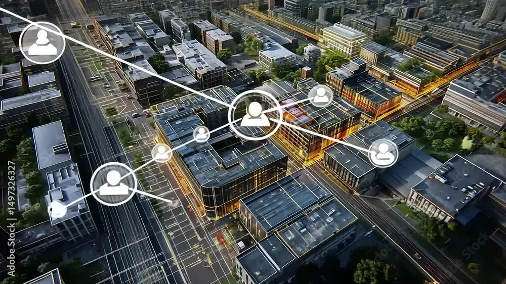 Aerial view of a modern urban landscape showcasing connectivity and collaboration among people Aerial view of a modern urban landscape showcasing connectivity and collaboration among people
