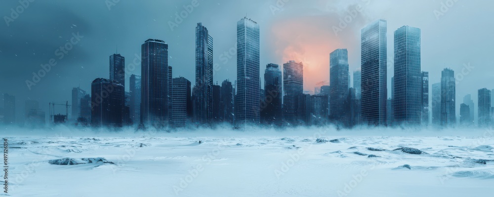 Fototapeta premium A modern city skyline stands amid a frozen, snowy landscape under a cold, misty sky at sunrise or sunset.