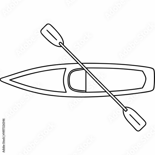 Overhead view of a kayak and paddle outlined in black suitable for recreation and adventure themed visuals