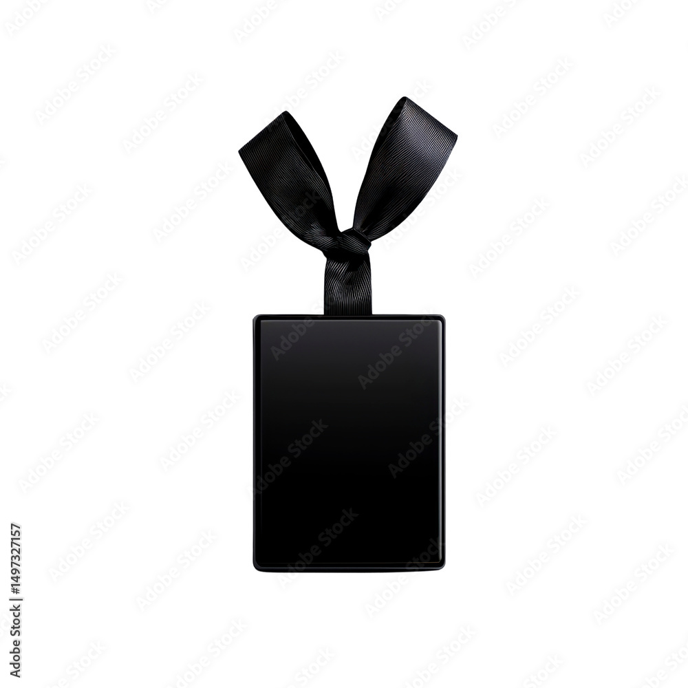 Fototapeta premium Elegant black tag with ribbon for branding isolated against a transparent background..