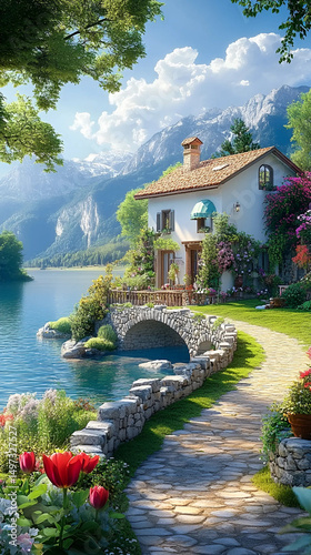 Lake Bled Slovenia Europe is a beautiful lake in the mountains with green nature, a house, and the reflection of the sky in the water