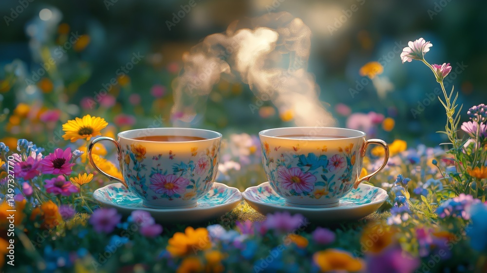 Fototapeta premium Two delicate teacups emit steam while resting among colorful wildflowers in warm sunlight.