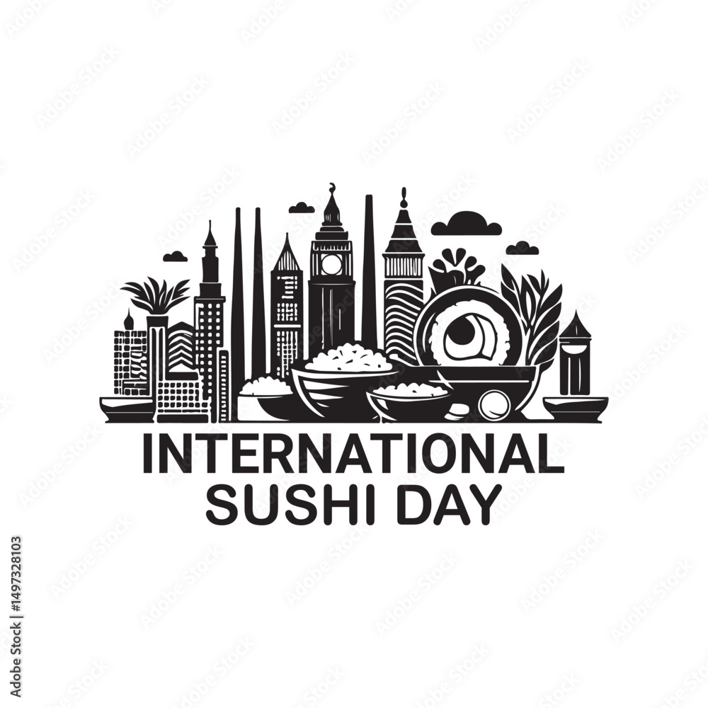 Obraz premium International Sushi Day Silhouette Vector Illustration, Solid White Background.