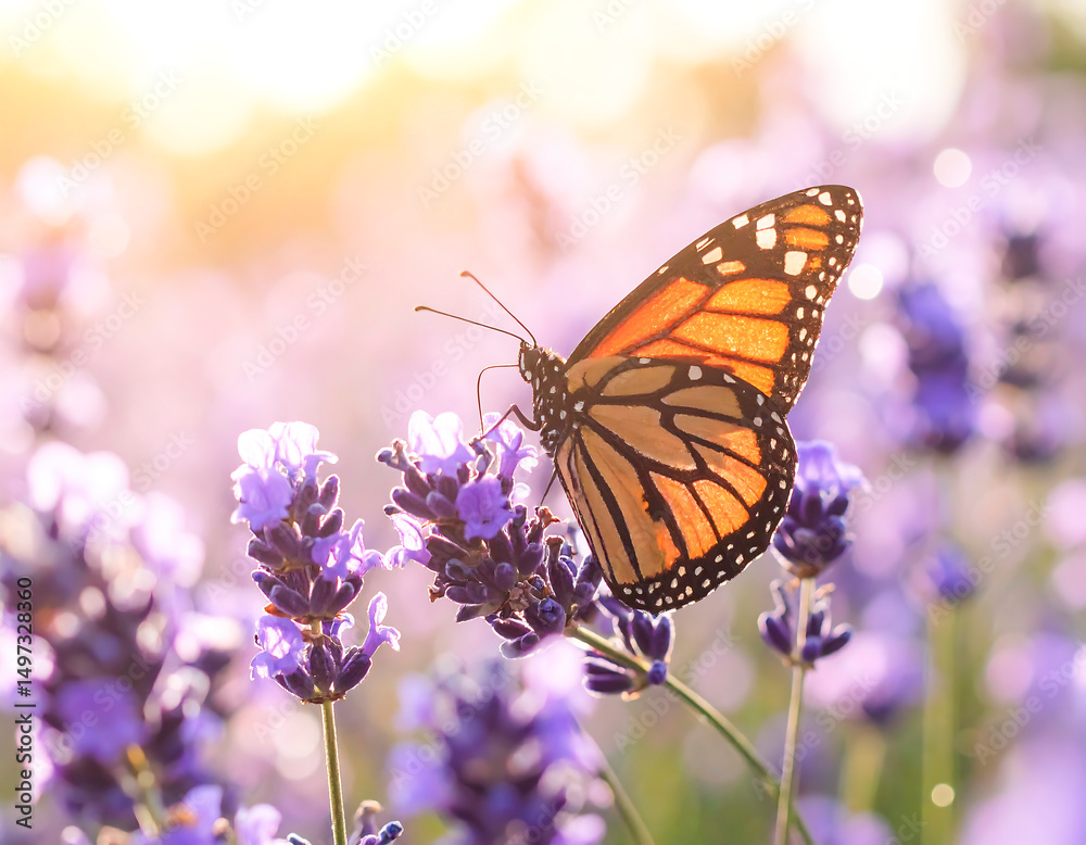 Naklejka premium Vibrant Monarch Butterfly Perched on Blooming Lavender with Soft Sunlight