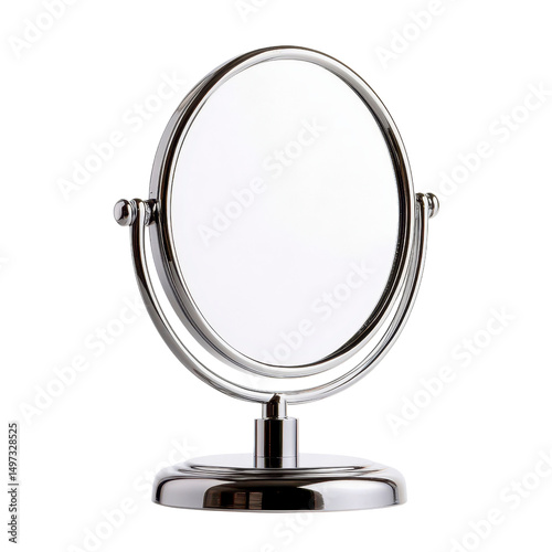 Elegant round mirror on a silver stand isolated against a transparent background..
