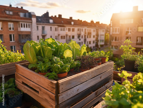 Rooftop garden with herb and lettuce crates, brick buildings, morning light, soft shadows, cozy eco-style, muted greens and terracotta tones, eye-level view, high-res stock photo.