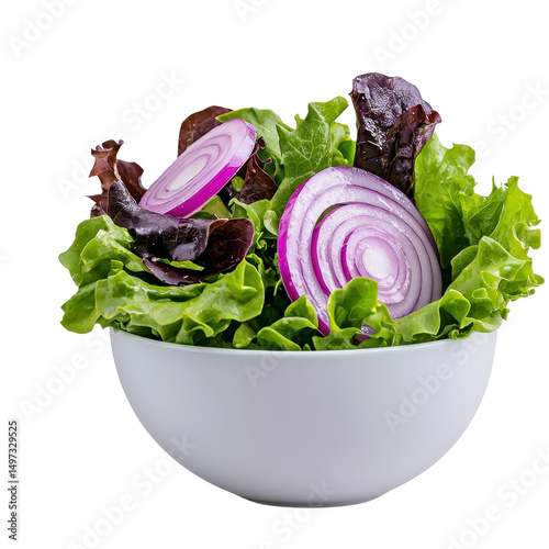 Fresh salad with greens and onions in bowl photo