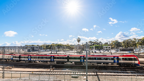 Electric passenger train arriving in Adelaide City centre