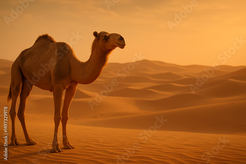 Camel in Sunset Desert Eid al-Adha Cultural Image. Generative AI.