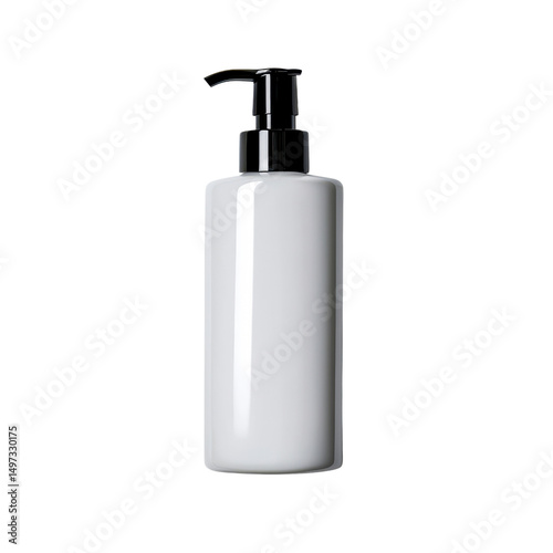 Minimalistic white soap pump bottle design isolated against a transparent background..