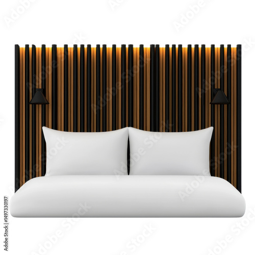 Modern bed design with stylish headboard and lights isolated against a transparent background..