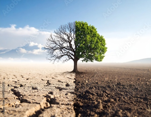 Half dead and alive tree outdoors, Environment change and ecology global warming concept