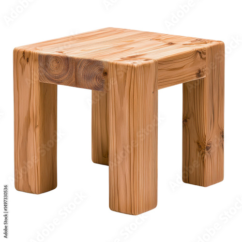 Modern wooden stool with unique craftsmanship isolated against a transparent background..