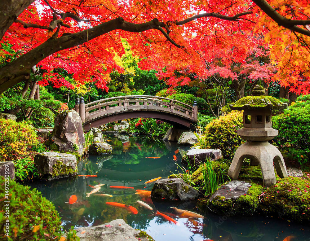 Fototapeta premium Serene Japanese Garden in Autumn with Red Maple Tree Shedding Leaves onto Tranquil Pond