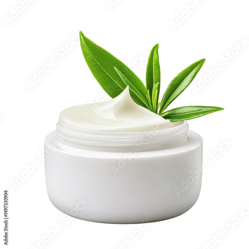 Natural skincare cream with fresh green leaves isolated against a transparent background..