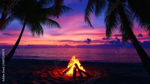 campfire under palm tree silhouettes on a tropical beach