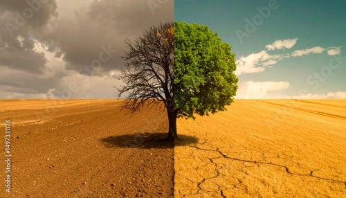 Half dead and alive tree outdoors, Environment change and ecology global warming concept