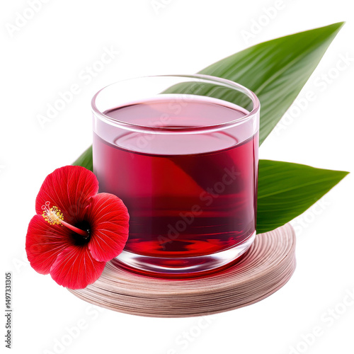 Refreshing hibiscus beverage on a tropical leaf isolated against a transparent background..
