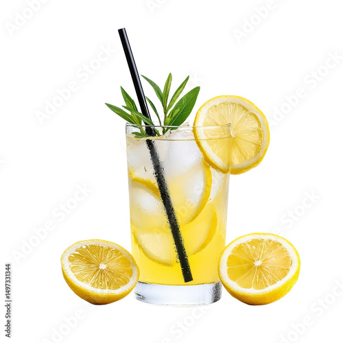 Refreshing lemonade in a glass with lemons isolated against a transparent background..