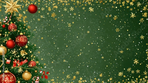 Merry Christmas Festive Season Greeting Card Design with Decorated Christmas Tree and Falling Snowflakes
