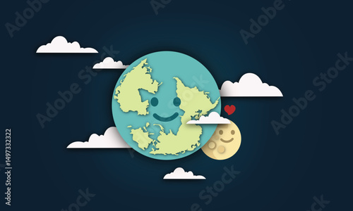 international moon day. Full moon hiding beside earth in love around cloud concept design illustrations.