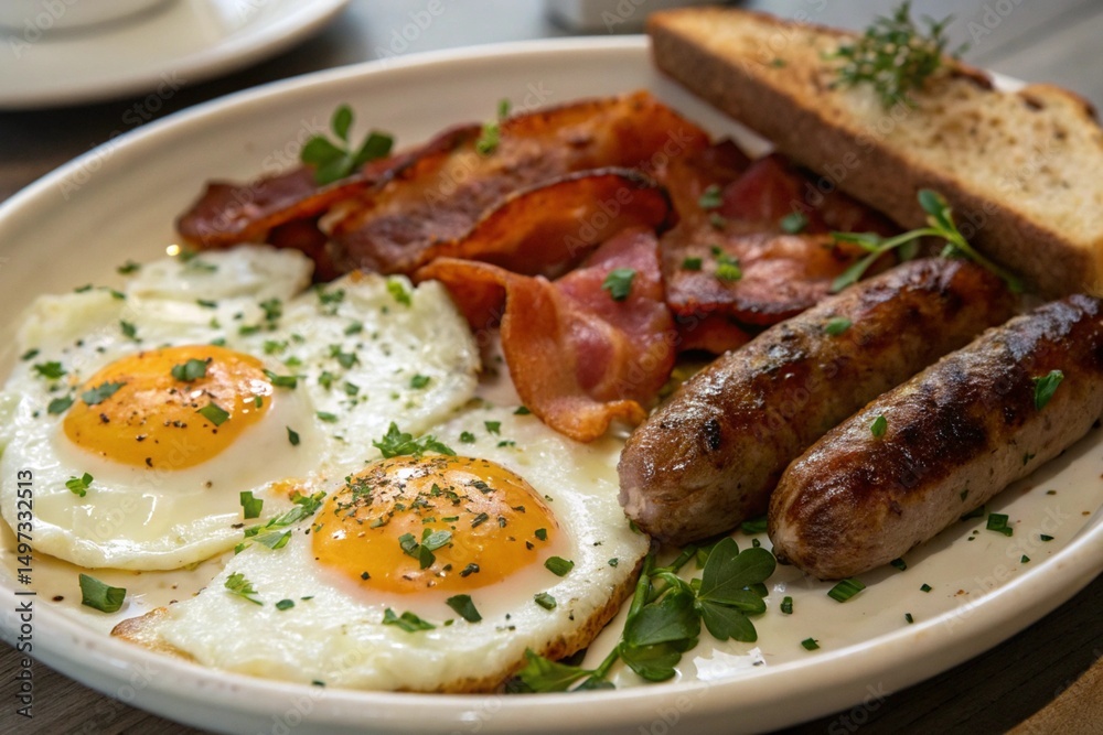 Full English Breakfast Plate with Fried Eggs Crispy Bacon Sausages and Grilled Tomatoes