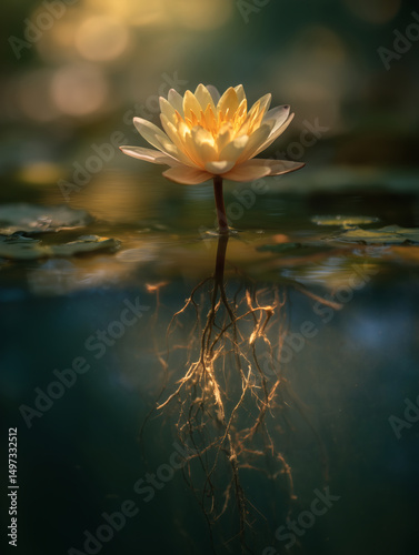 Lotus in Calm Water Showing Bloom and Underwater Roots with Soft Lighting