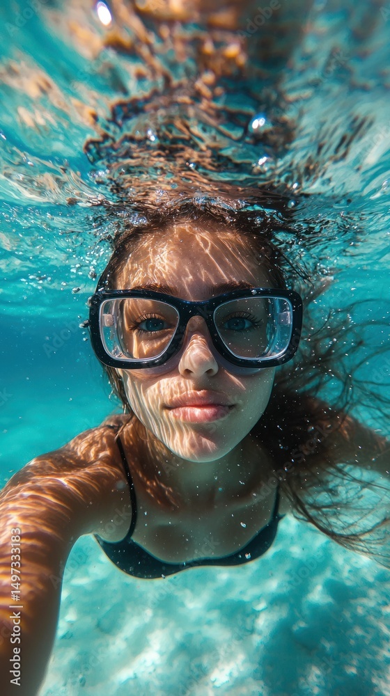 Fototapeta premium Underwater Selfie: A Girl's Serene Submerged Moment