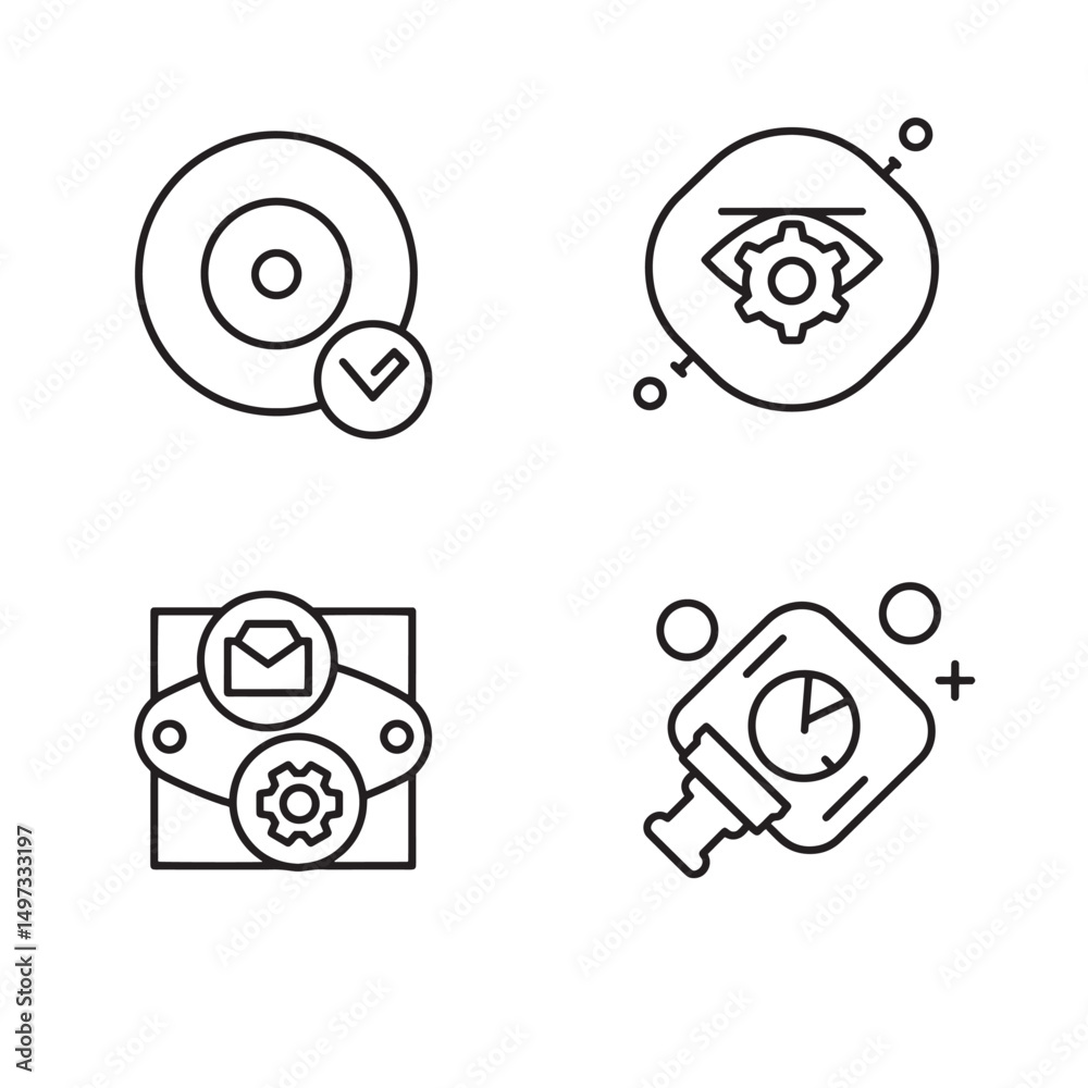 Naklejka premium Simple black and white silhouette icons representing various business and technology concepts