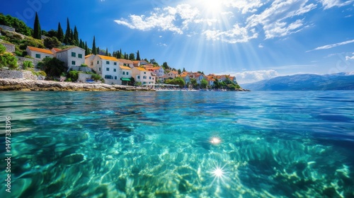 Coastal Village Seascape: Sunlit Mediterranean Paradise
