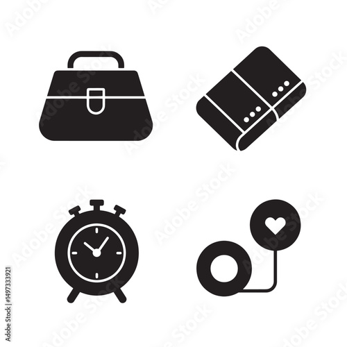 Vector illustration of professional elements featuring a briefcase, clock, and love symbol silhouette.