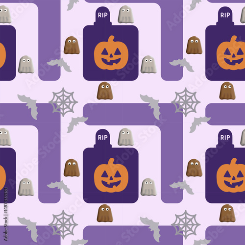 Halloween maze game design with brown and white ghosts navigating spooky hallways. With bats, spiders, webs, and pumpkins in the scene.