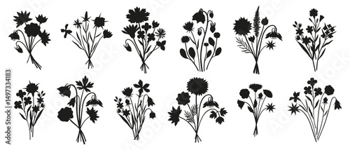 Wildflower bouquet silhouettes set. Hand-drawn meadow flowers, herbs, and wild plants. Botanical elements for design projects. Minimal style, contour. Vector illustration