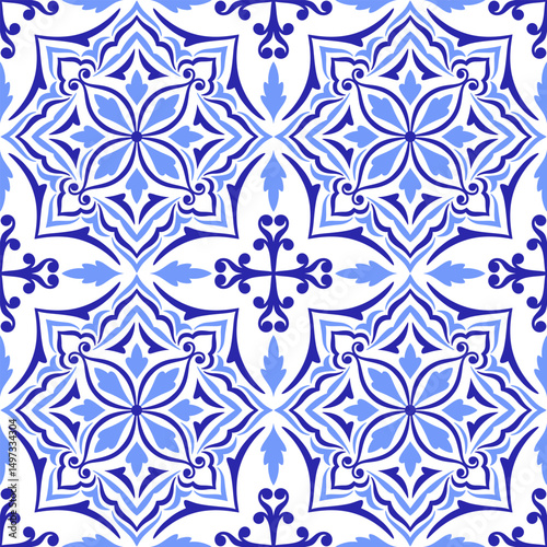 Mediterranean seamless pattern in blue tiles, white background. Ethnic mosaic design. Portuguese, Italian, Spanish motifs. Floral ornament, print for home textile or ceramic. Vector illustration