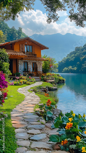 A wooden gazebo sits by the lake, offering a peaceful view of nature's landscape