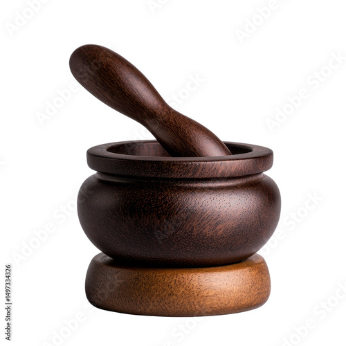 Wooden mortar and pestle for grinding spices isolated against a transparent background..