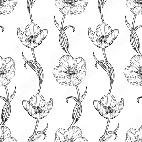 Floral seamless pattern with line art tulips. Beautiful graceful flowers with leaves. Vintage decorative wallpaper, template for fashion design. Botanical print on white background, vector illustratio