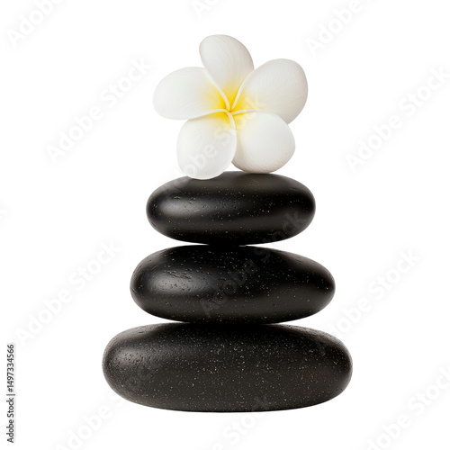 Zen stones with a flower for tranquil moments isolated against a transparent background..
