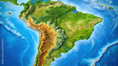 Map of South America continent with Amazon rainforest details and Andes mountains , Amazon, continent,  Amazon, continent