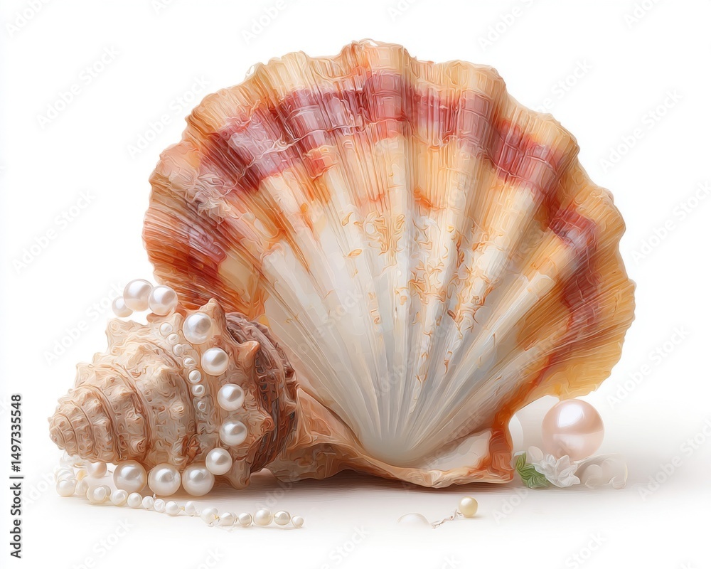 Fototapeta premium Seashell and Pearl Necklace Still Life on White