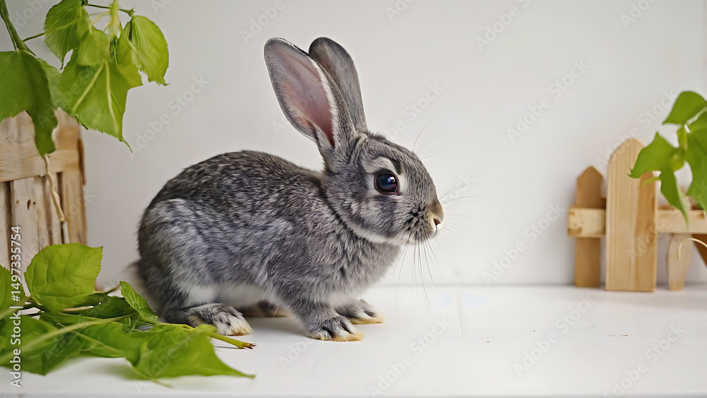 Fototapeta premium Grey rabbit on white background