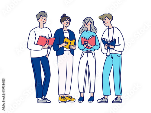 本を読む男女4人の学生たち