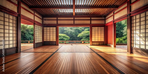 Beautifully crafted wooden plank floor with natural red color in a traditional Japanese-style tea house, japanese style wooden floor, japanesee architecture photo