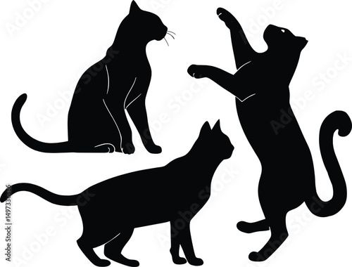 Photography Vector illustration of three black cat silhouettes in various natural poses