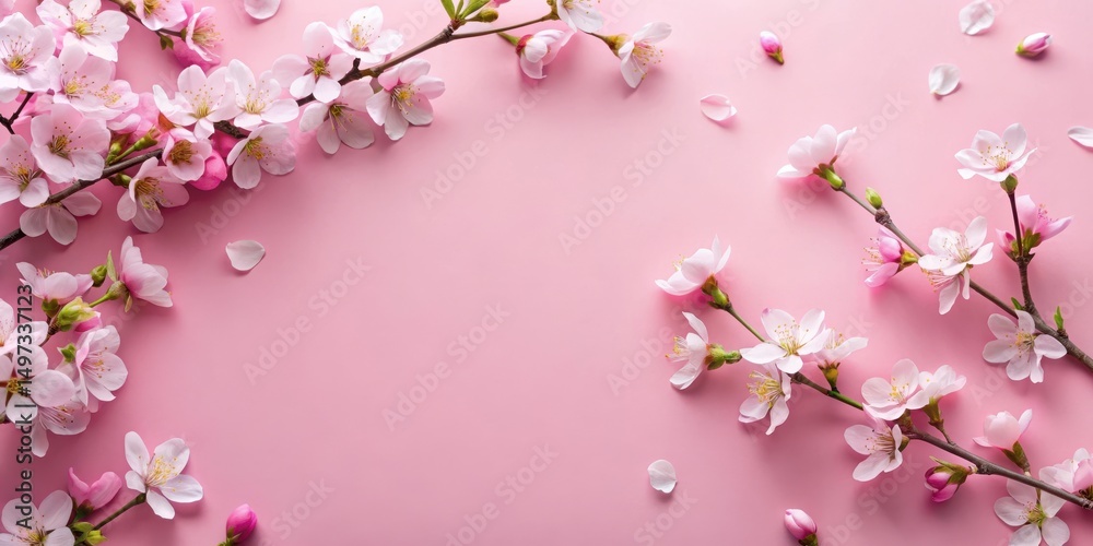 Naklejka premium Cherry blossom flat lay on pink background, botanical, food, botanical, food, garden, food styling, floral, organic, still life