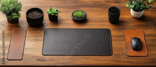 Elegant Workspace Setup: Leather Desk Mats, Plants, and Minimalist Accessories