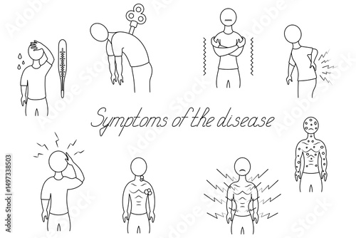 Symptoms of the disease. Sketch. Headache, fever, muscle pain, swollen lymph nodes, chills, fatigue, backache and rash. Vector illustration. Outline on an isolated white background. Doodle style. 